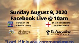 Graphic announcing Aug 9 worship. Picture of a cross of light and sunset