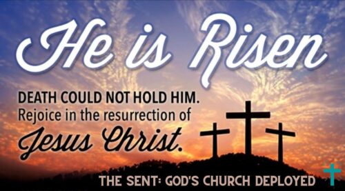 Graphic with text: He is Risen. Death could not hold him. Rejoice in the resurrection of Jesus Christ.