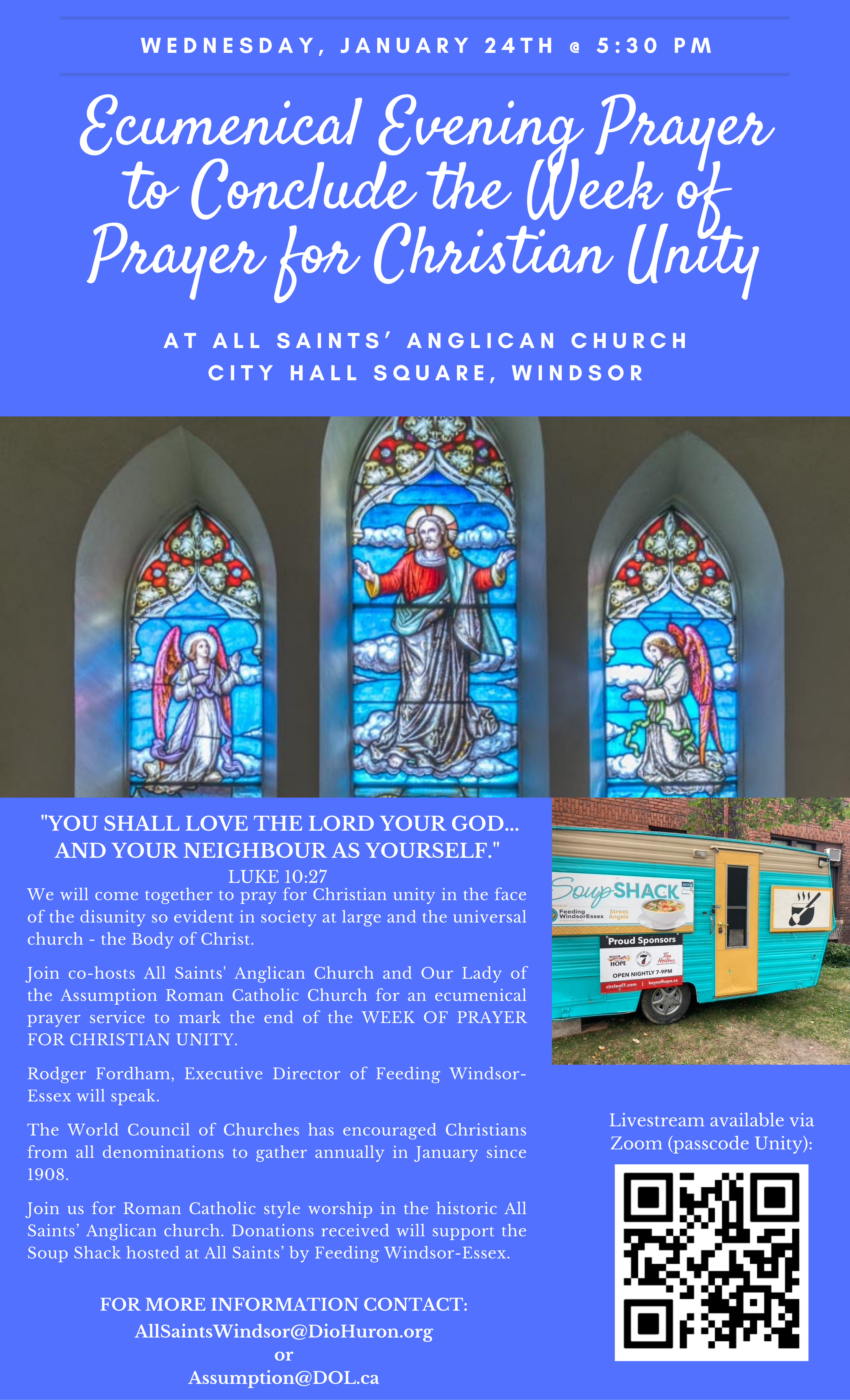 Poster for event featuring images of stained glass windows. QR code. All event information in text of post