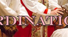 Graphic with people wearing colourful red and white liturgical robes standing and kneeling with the word Ordination
