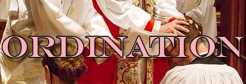 Graphic with people wearing colourful red and white liturgical robes standing and kneeling with the word Ordination