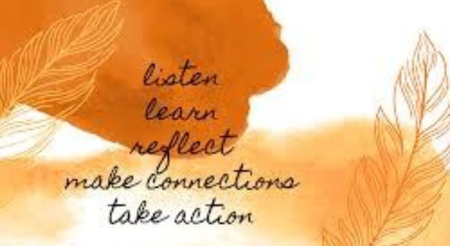 graphic with orange and yellow background shapes on white. Script type lettering says listen, learn, reflect, make connections, take action