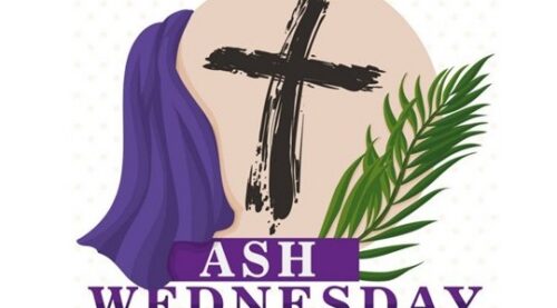 Graphic of a cross on a rock tomb with a purple cloak, and text says Ash Wednesday
