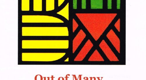 Graphic with a stylized B with yellow background, H on green background, M on red background. Text reads: Out of Many Cultures One People (red font) Black History Month (green font)