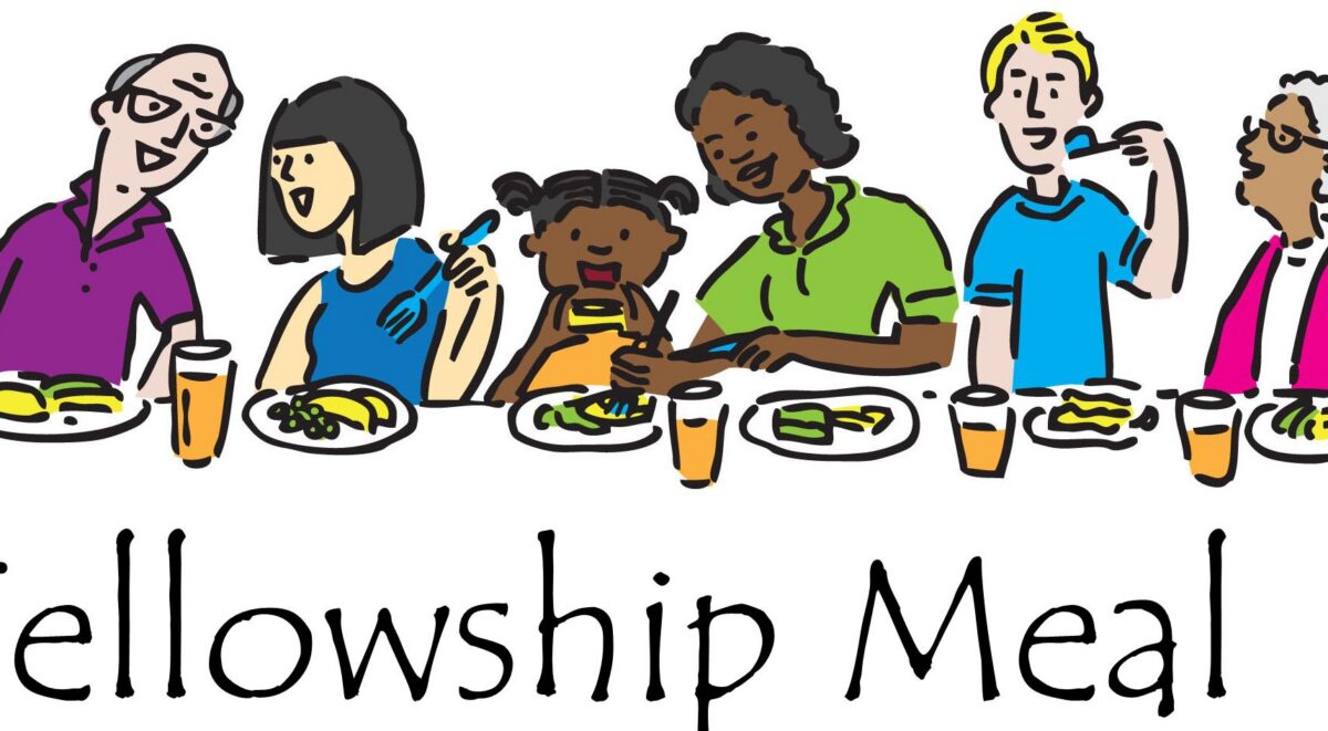 cartoon image of diverse people seated at a table enjoying a meal. Text reads: Fellowship Meal